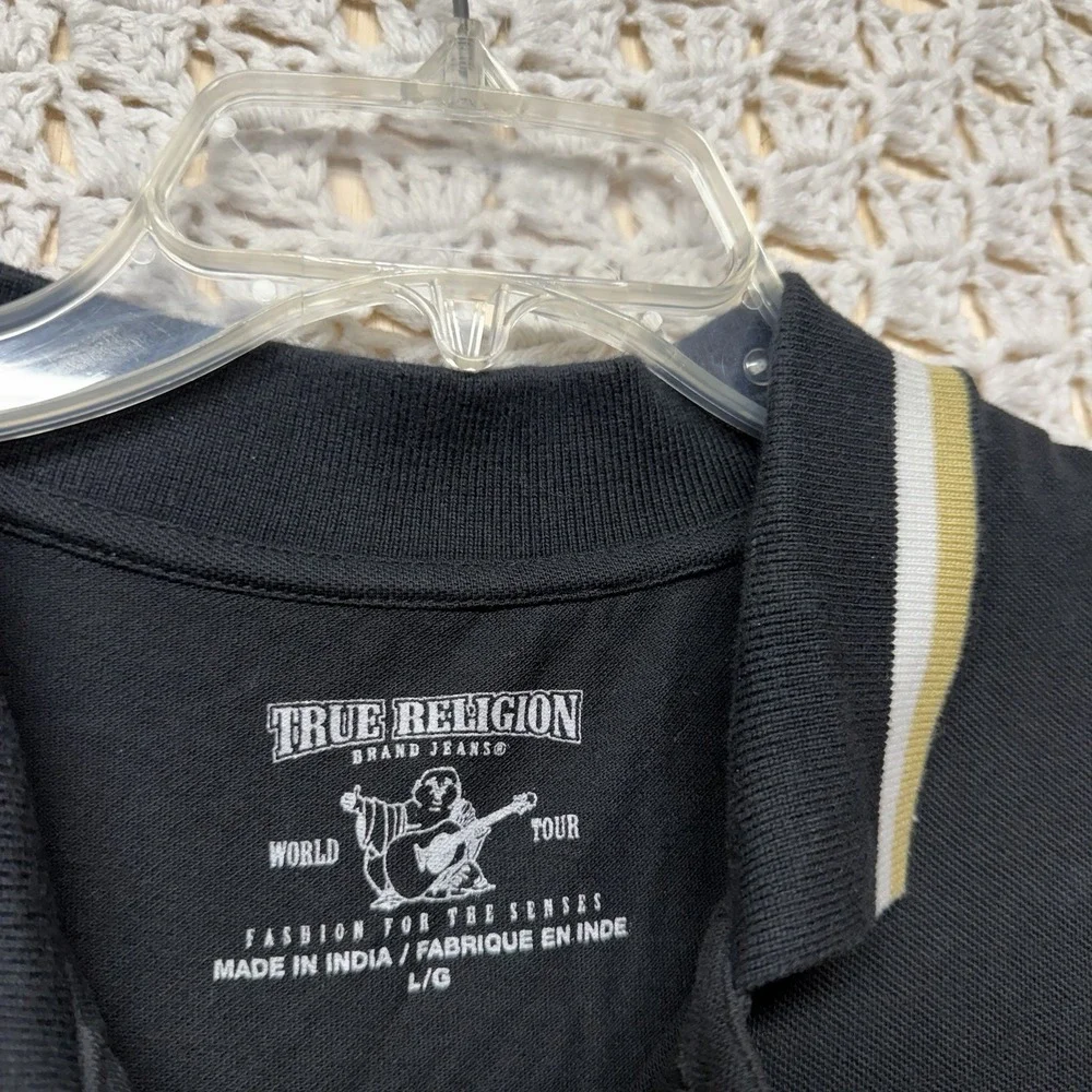 True Religion Polo Shirt Mens Size L Black‎ Crafted With Pride Short Sleeve Flaw
